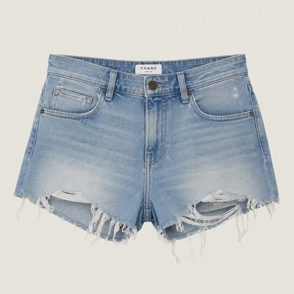 Frame Le Grand Garcon Shorts Womens 26 Distressed Denim Cutoff Raw Hem
